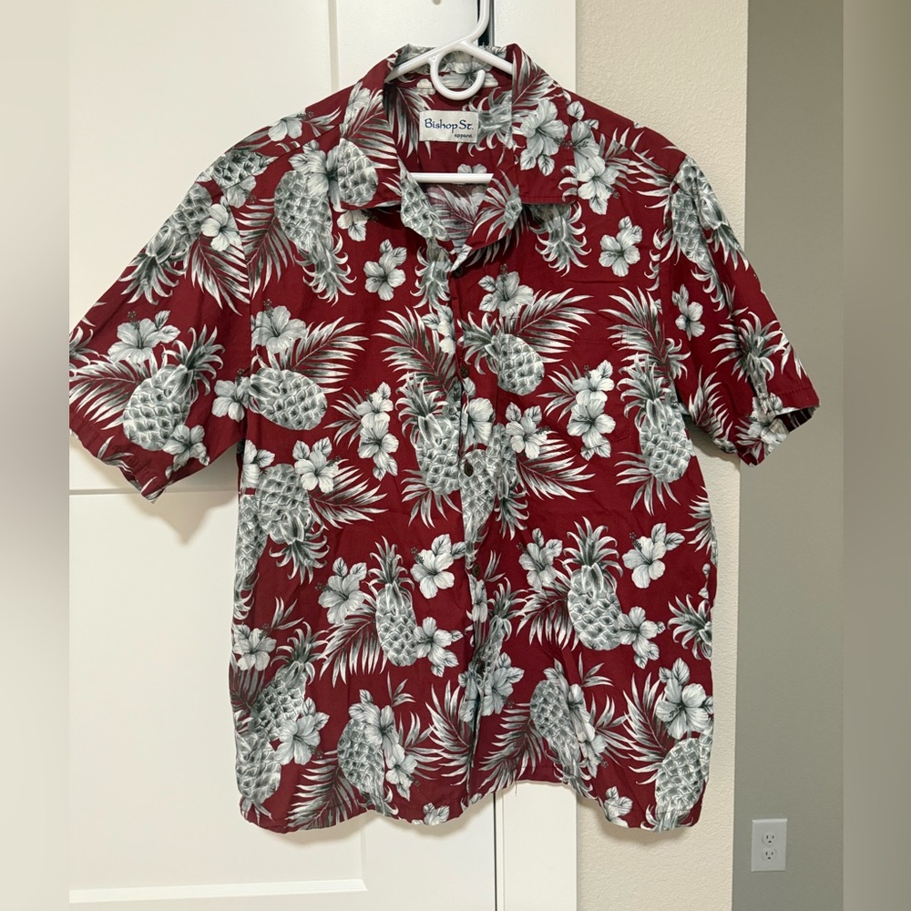Burgundy Pineapple Print Men's Casual Shirt button down